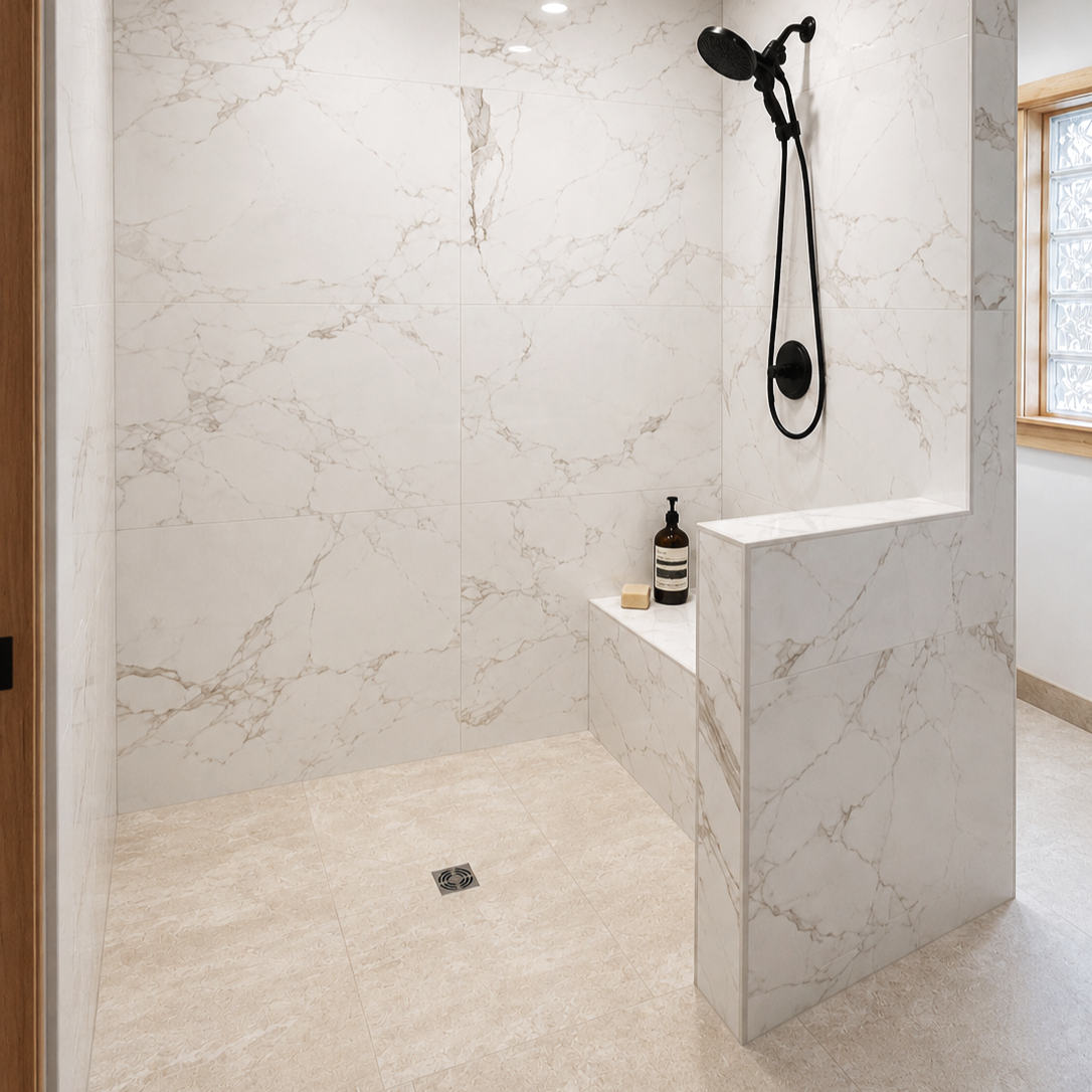 A walk-in shower with white marble walls and beige tiled floor, featuring a black showerhead and a built-in marble bench with a bottle of soap and a bar of soap.