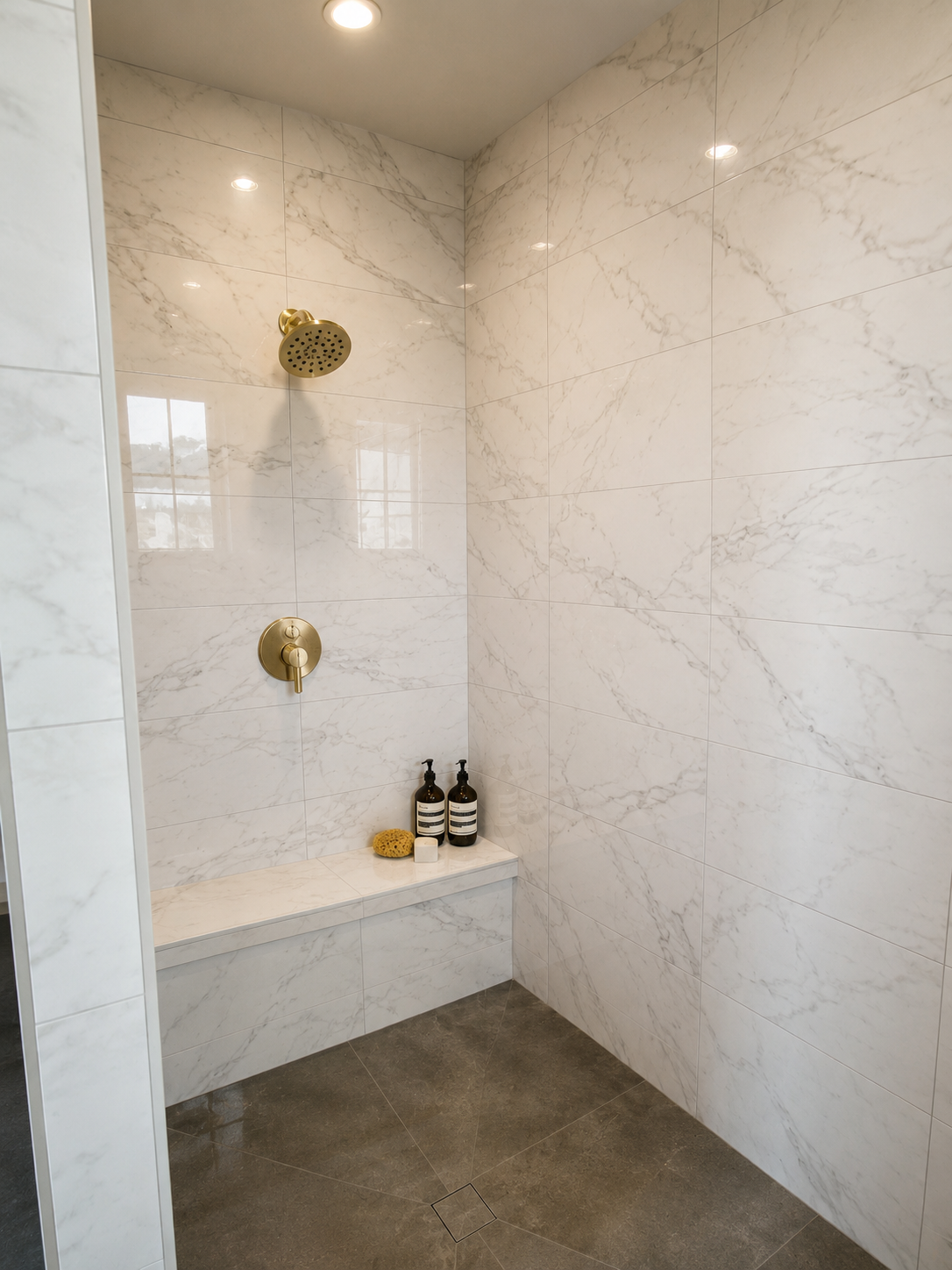 A modern walk-in shower with white marble walls, a gold shower head, a gold control valve, a built-in marble bench, and two black soap bottles along with a sponge and a small white container on the bench.