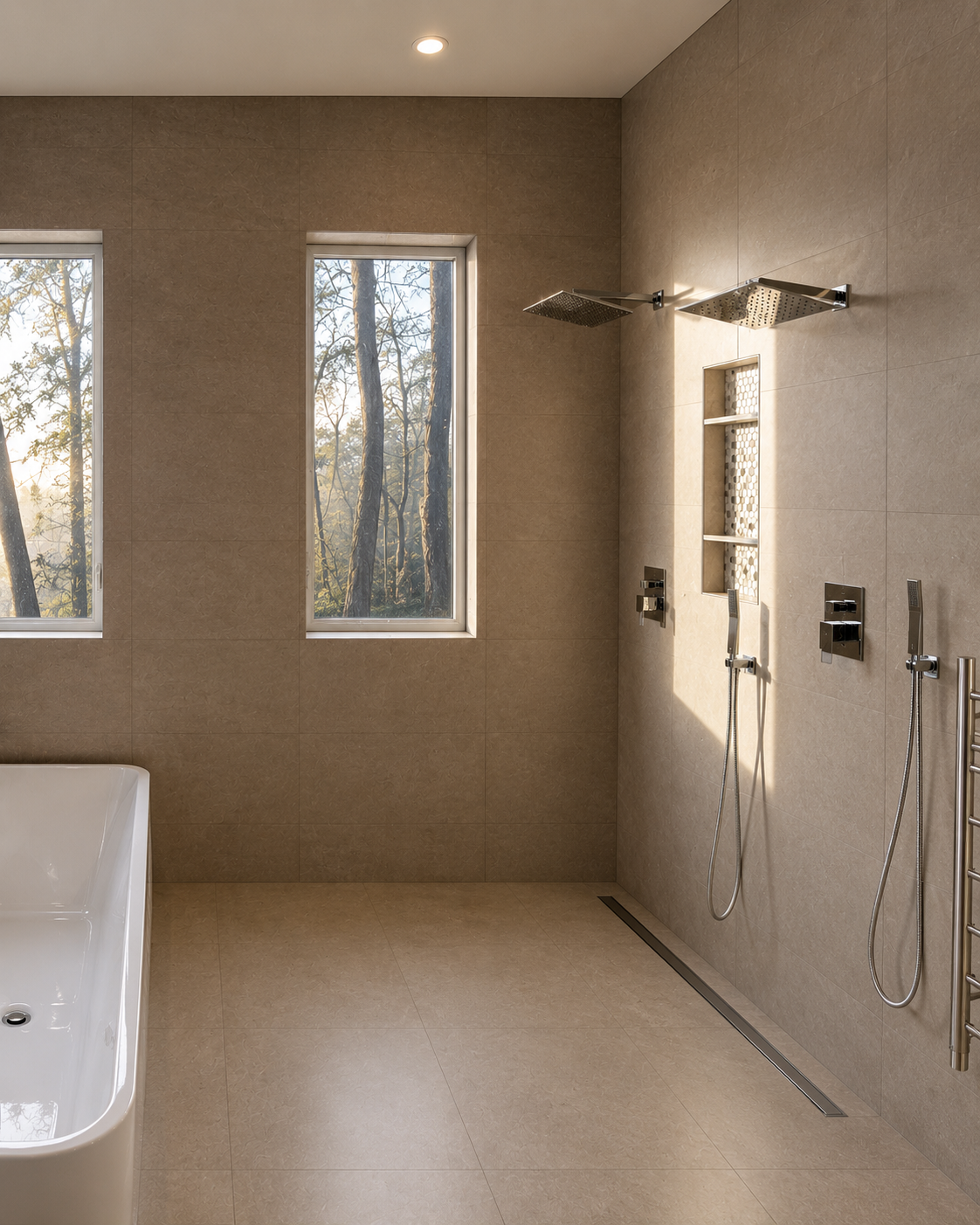 Modern bathroom with two windows overlooking trees, featuring a free-standing bathtub and a walk-in shower with rain and handheld nozzles, tiled walls and floor, built-in shower niche, and a ceiling light.