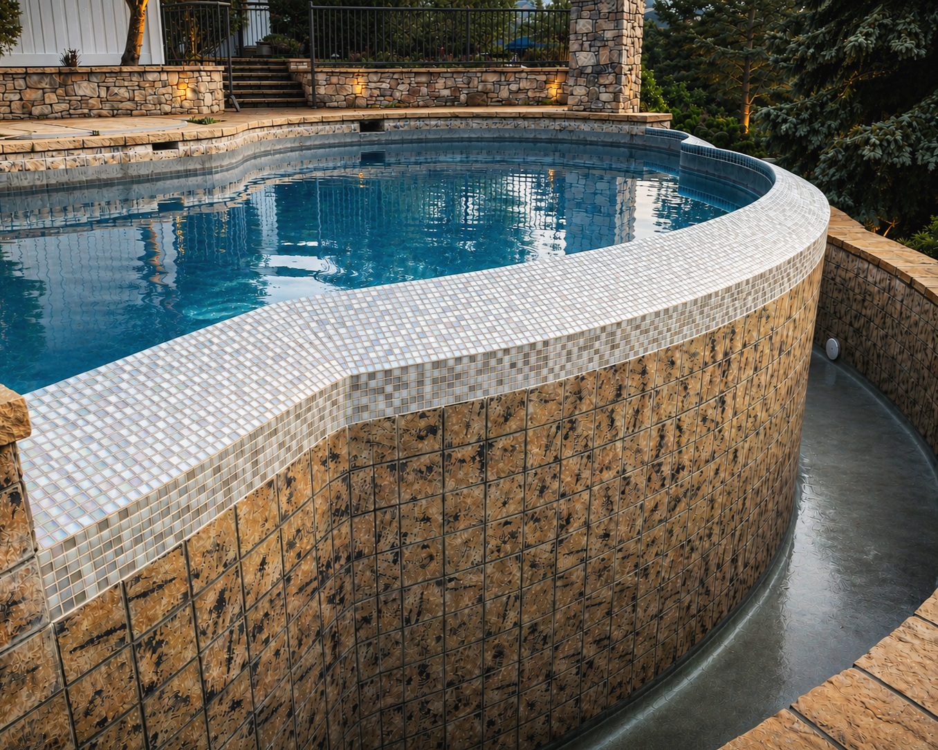 A backyard swimming pool with a curved edge, surrounded by stone and tiled walls, with trees and outdoor lighting in the background.