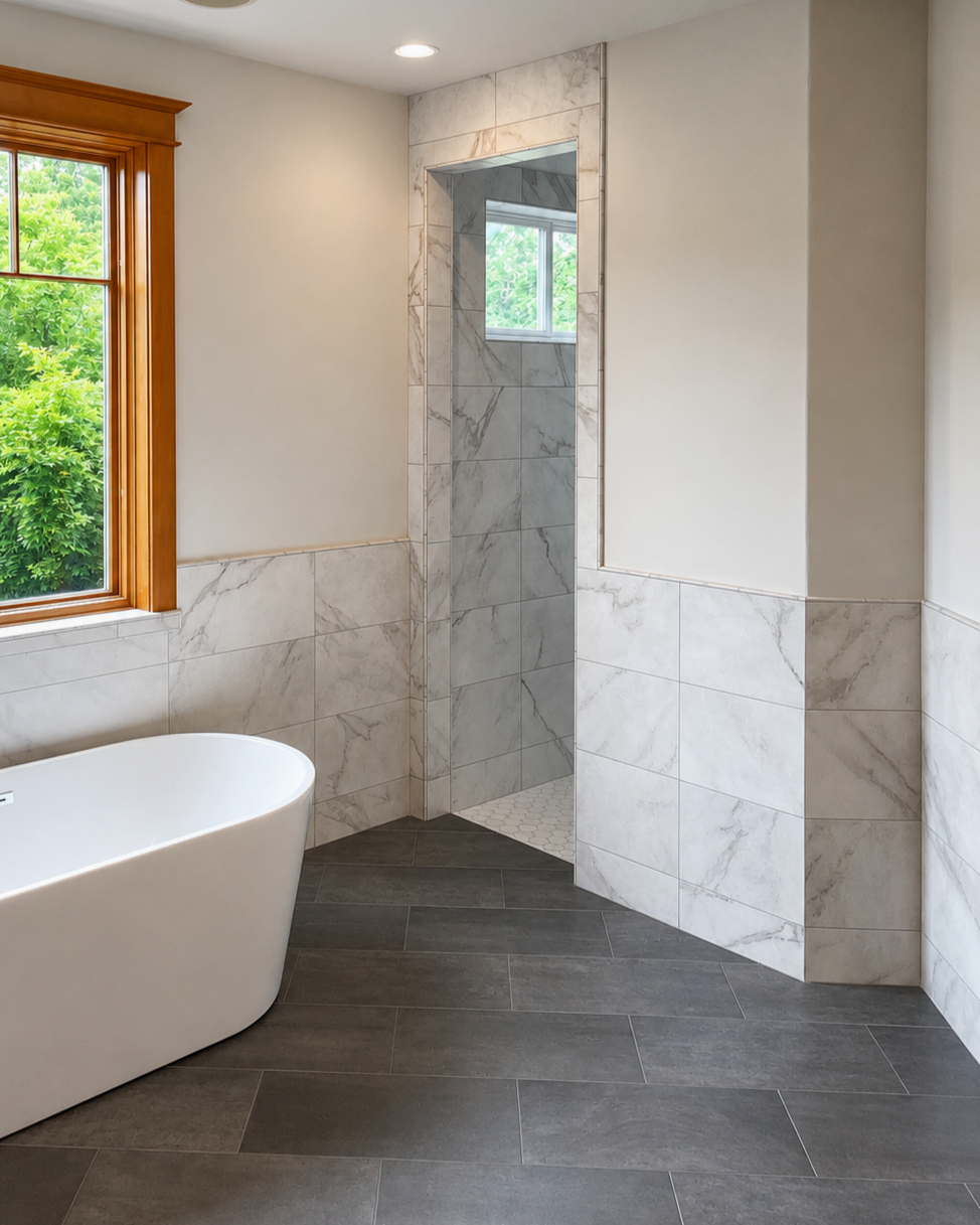 Modern bathroom with a white bathtub, a large window with wooden trim, and a walk-in shower with marble tiles, gray floor tiles, and a small window.