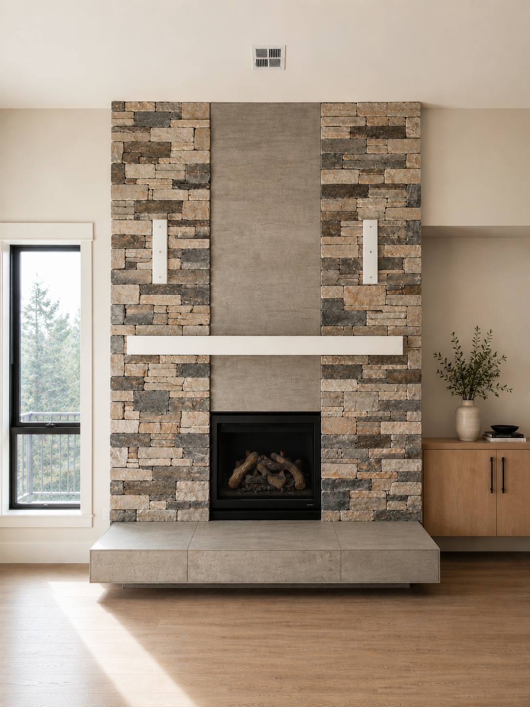 Living room with a modern stone fireplace, a window with a view of trees, and a wooden cabinet with a potted plant on top.