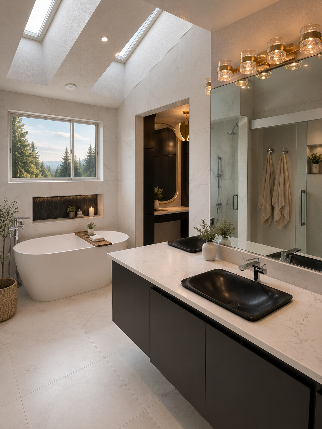 Modern Bathroom with Floating Vanity and Soaker Tub