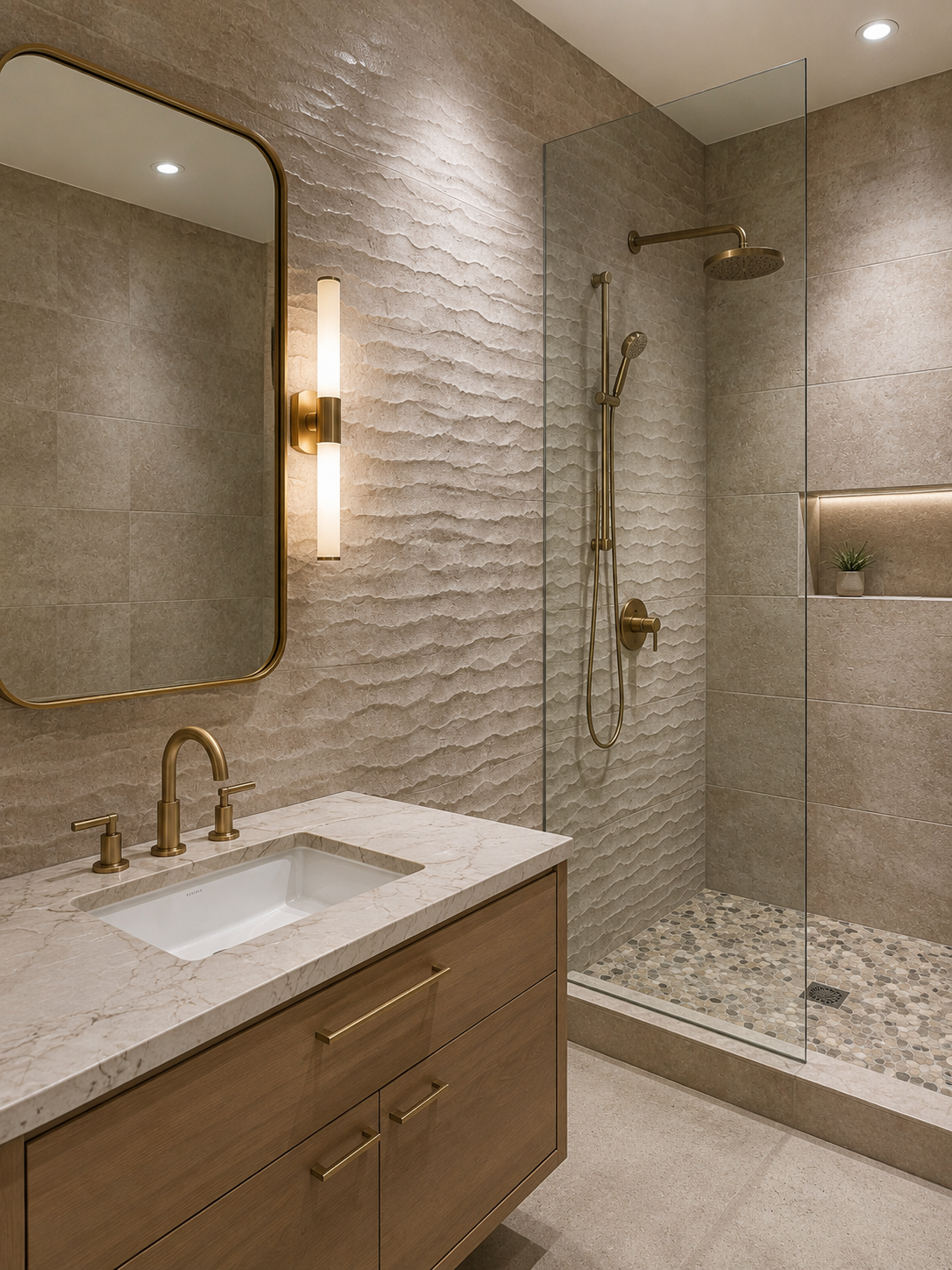 Modern bathroom with beige textured wall tiles, a wooden vanity with marble countertop and brass fixtures, a large mirror, and a walk-in shower with a glass partition, brass showerhead, and pebble tile floor.