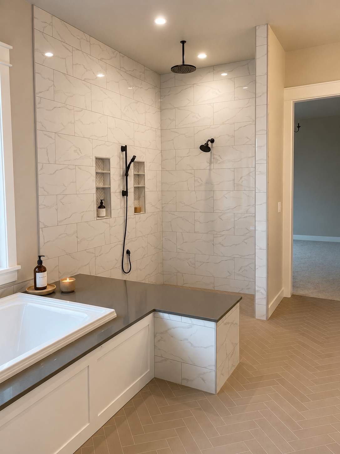 Modern bathroom with a large walk-in shower featuring white marble wall tiles, a ceiling-mounted rainfall showerhead, a handheld shower, built-in shelves, a bathtub with a gray countertop, and a lit candle.