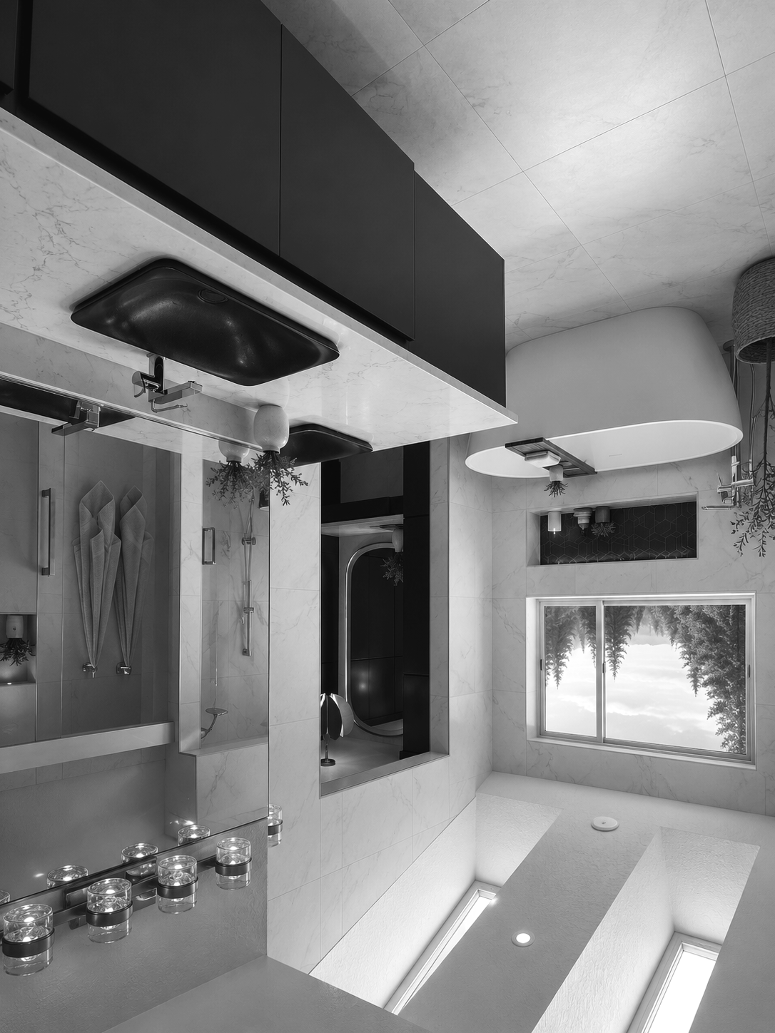 Modern kitchen with marble countertops, black sinks, four lit candles, large window with outdoor view, black cabinets, and ceiling lights.