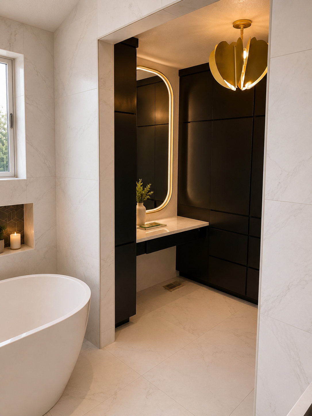 Modern bathroom with a white bathtub, black cabinetry, a backlit oval mirror, small potted plant, candles, and a black chandelier.