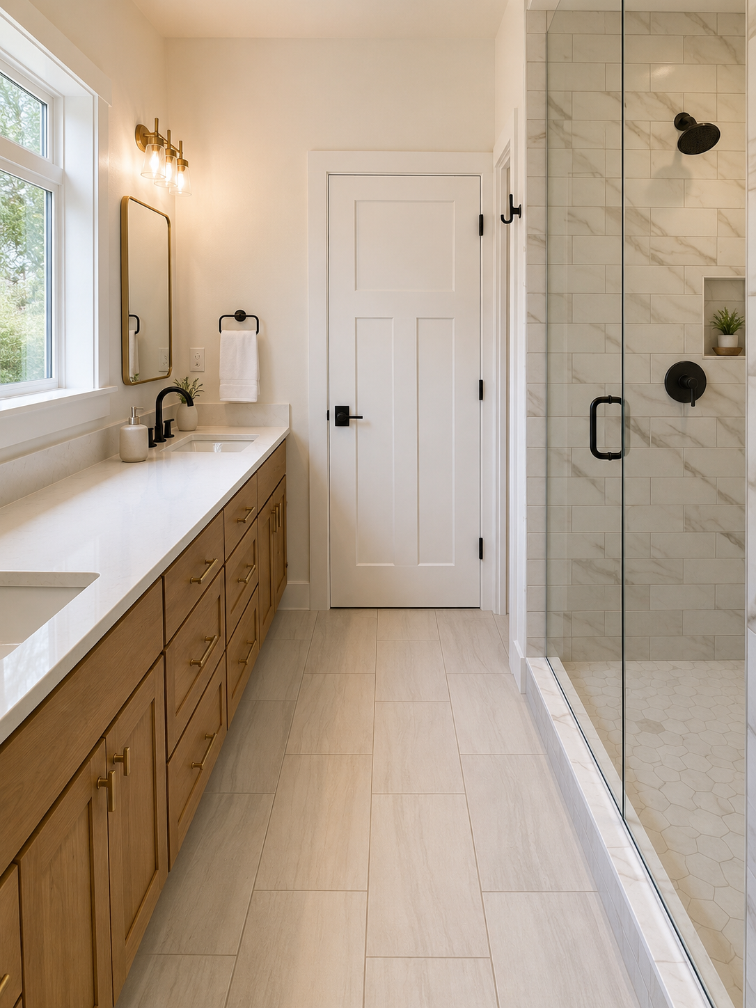 Modern bathroom with wood vanity, white countertops, black faucet, wall-mounted mirror, towel holder, and a walk-in shower with glass door and black fixtures.