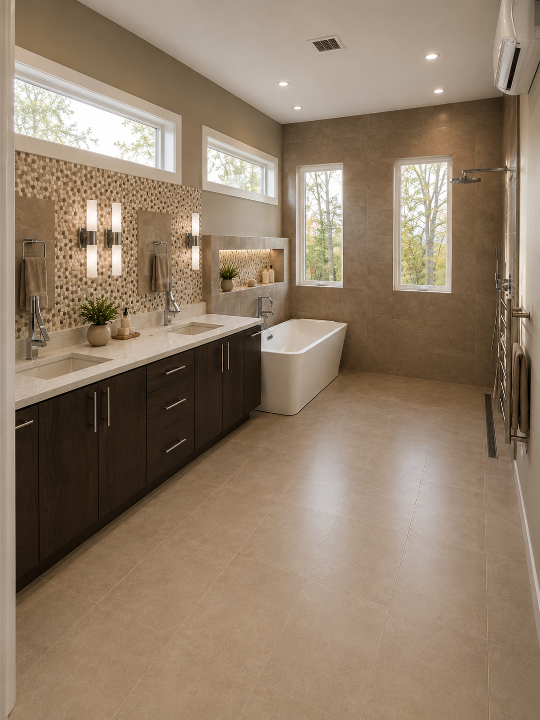 Modern bathroom with double vanity, beige tiles, bathtub, and large windows showing trees outside.