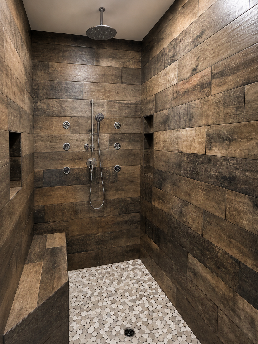 A modern shower with dark wood tiles on the walls, a ceiling-mounted rain shower head, a handheld shower head, and built-in wall niches with pebble flooring.