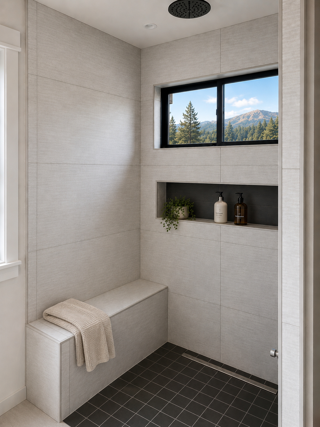 A modern shower with beige tiled walls, a window showing a mountain landscape, a built-in shelf with a potted plant and soap dispensers, and a black tile floor with a drainage grate.