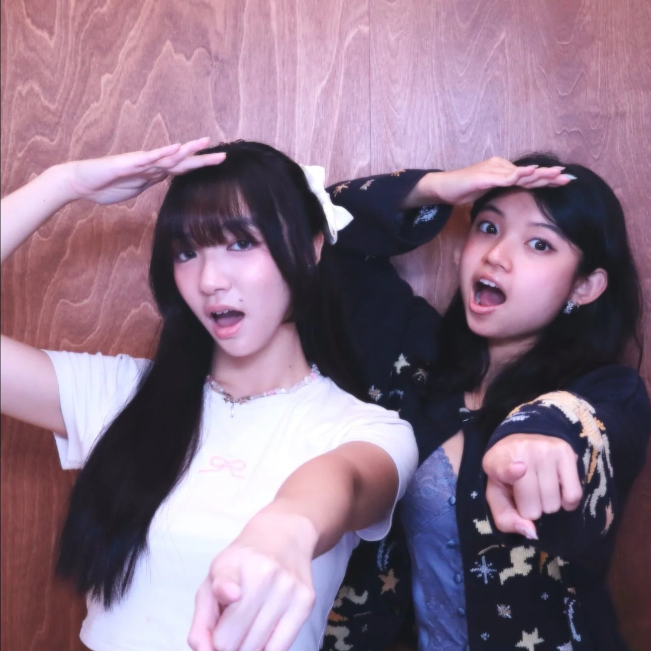 Two women lying on a wooden surface, saluting with their right hands and pointing forward with their left hands, making playful surprised expressions.