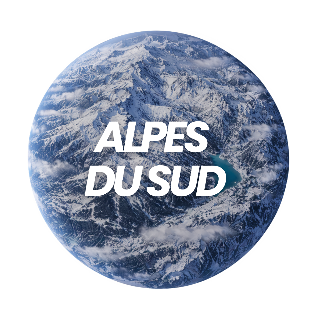 Globe montrant des montagnes enneigées avec le texte "ALPES DU SUD" en avant-plan.