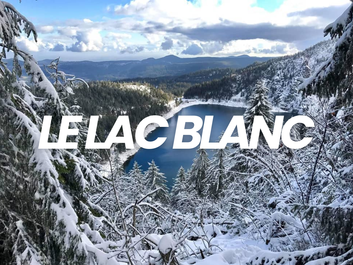 Paysage hivernal avec des arbres enneigés autour d'un lac bleu, montagnes en arrière-plan, ciel nuageux, texte en français 'L'ÉTÉ BLANC'