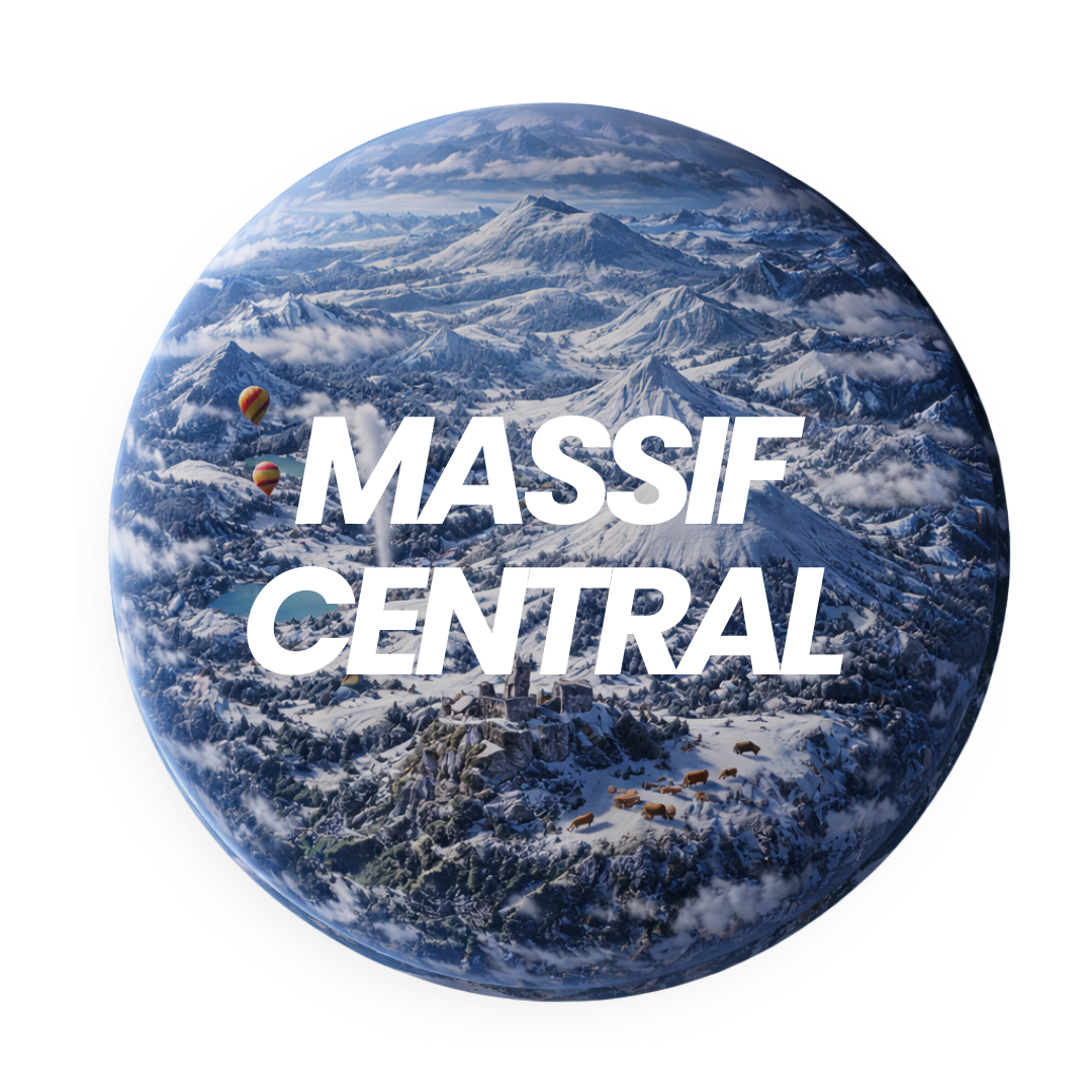 Une image représentant un globe terrestre avec des montagnes enneigées, des ballons dans le ciel, et le texte "Massif Central" en gras au centre.