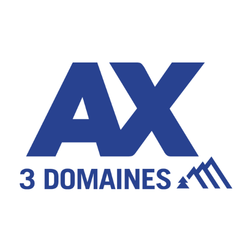 Logo d'Ax3 Domaines avec le texte 'AX' en grand et '3 DOMAINES' en dessous, accompagnée d'une icône représentant une montagne.