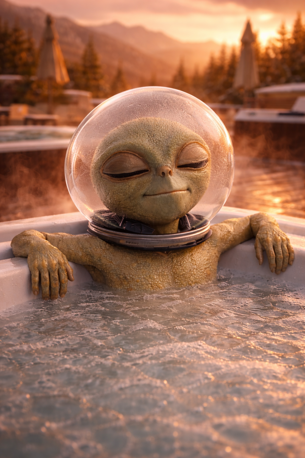 Un extraterrestre relaxant dans un jacuzzi au coucher du soleil, portant un casque spatial transparent, avec un paysage montagneux et des arbres en arrière-plan.