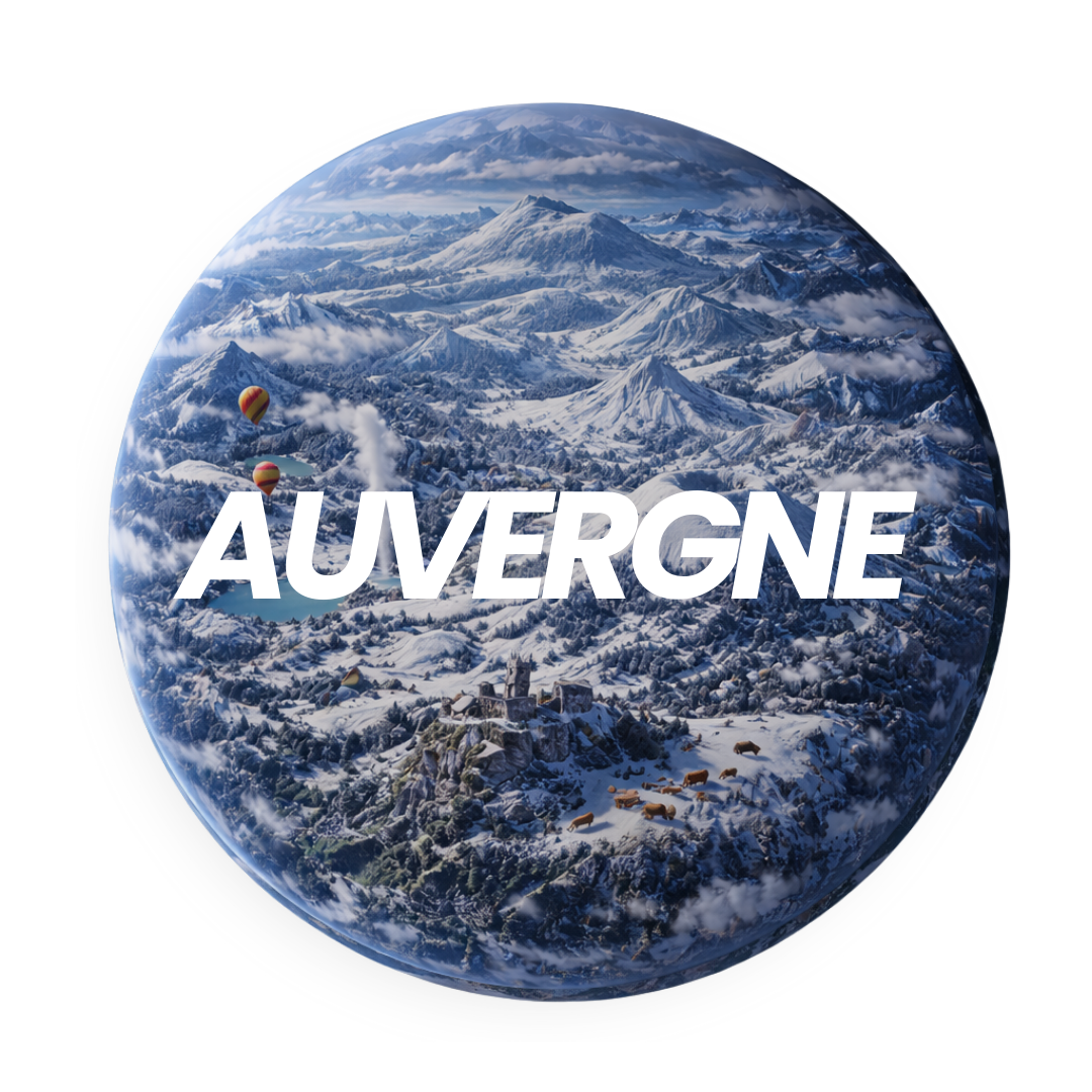 Une image représentant la région Auvergne, avec des montagnes enneigées, des vallées, des montgolfières, et un château, le tout dans un style graphique circulaire.