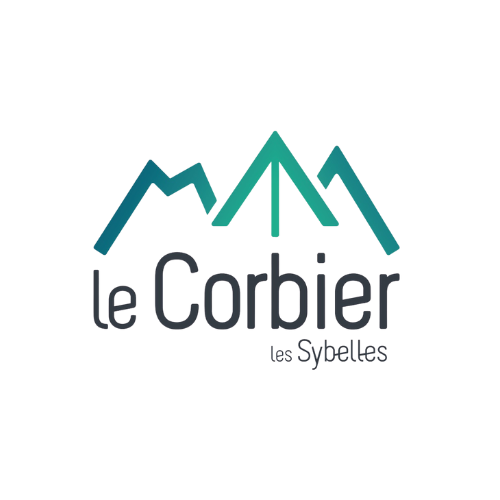 Logo avec des montagnes stylisées et le texte 'le Corbier'.
