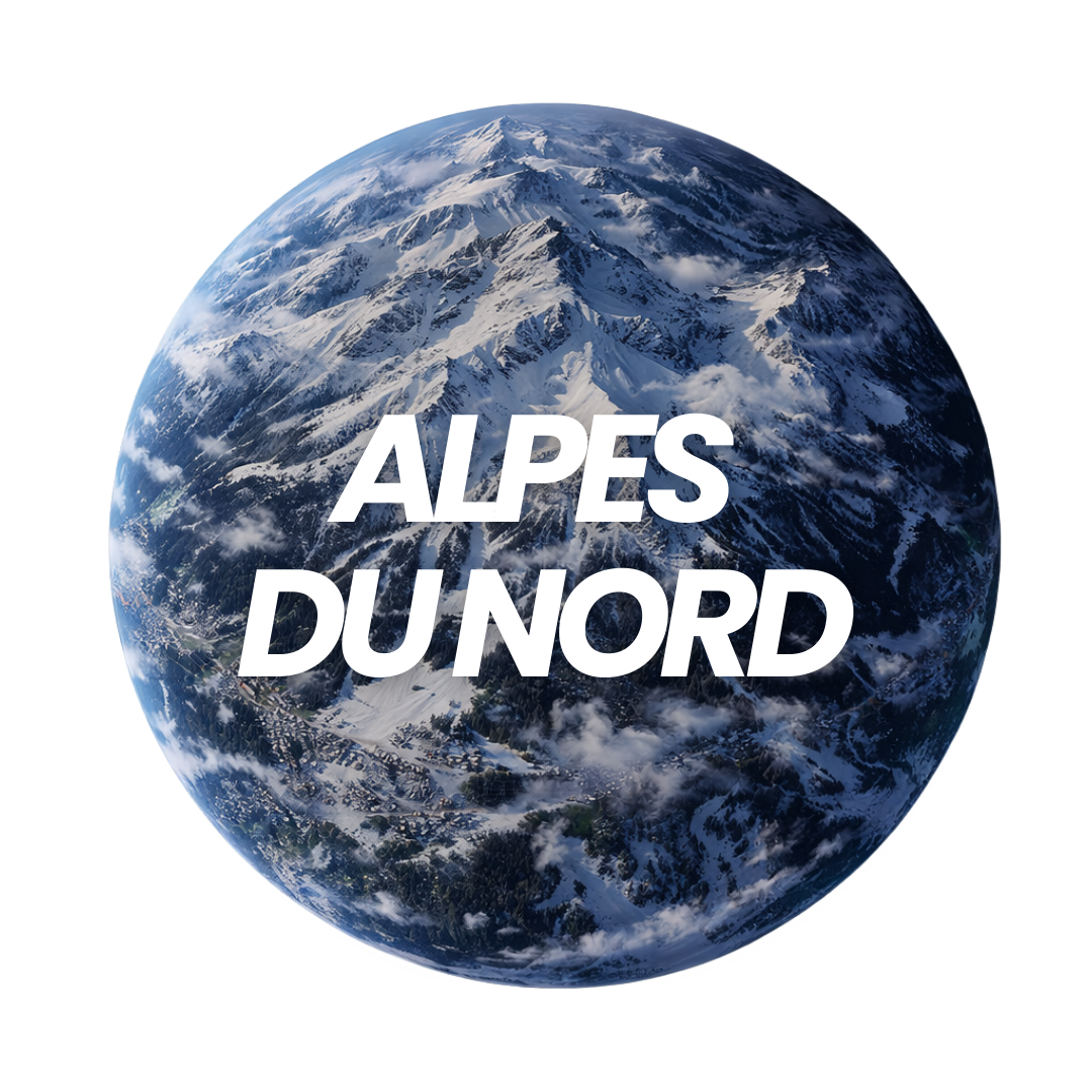 Planète Terre vue de l'espace avec des montagnes enneigées et la légende en français "Alpes du Nord".