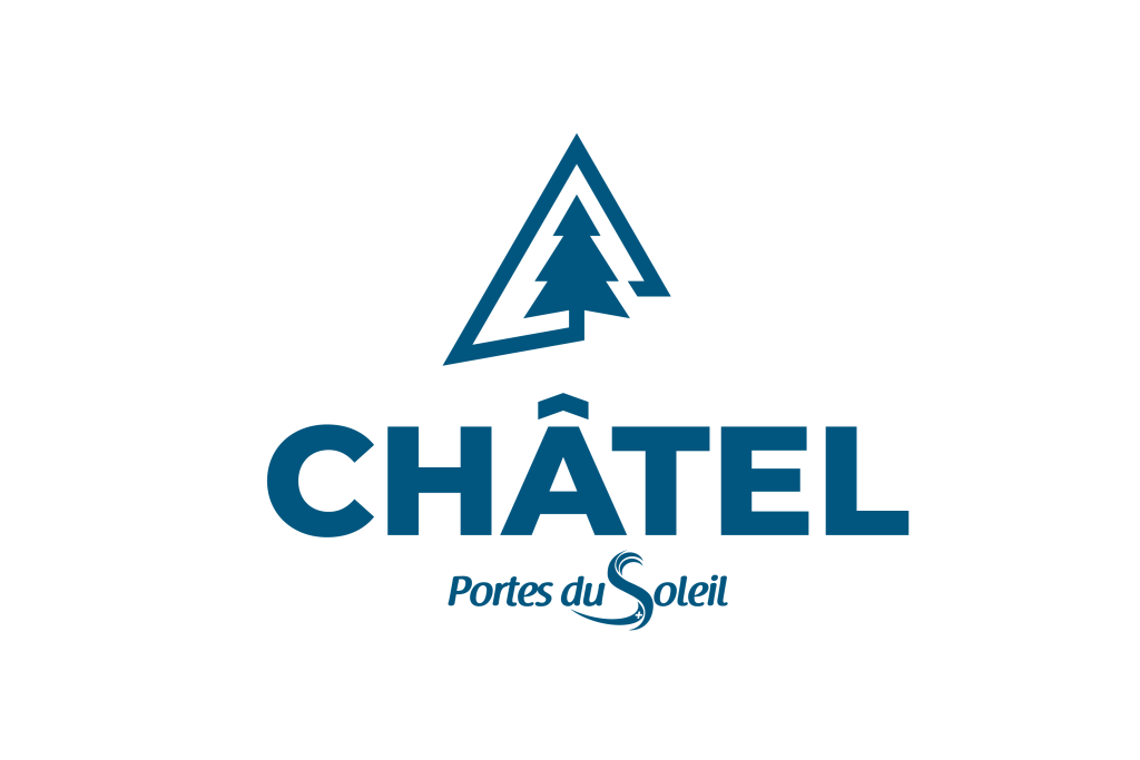 Logo en bleu avec un arbre stylisé et le texte "Châtel" et "Portes du Soleil" en dessous.