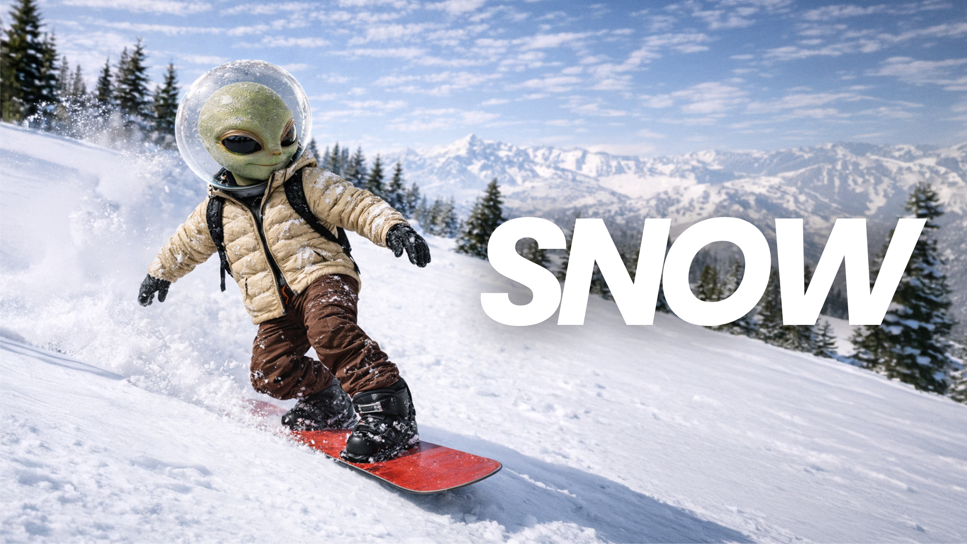 Un extraterrestre portant une combinaison beige et un casque en forme de bulle, faisant du snowboard dans un paysage enneigé avec des montagnes en arrière-plan, sous un ciel bleu avec quelques nuages.