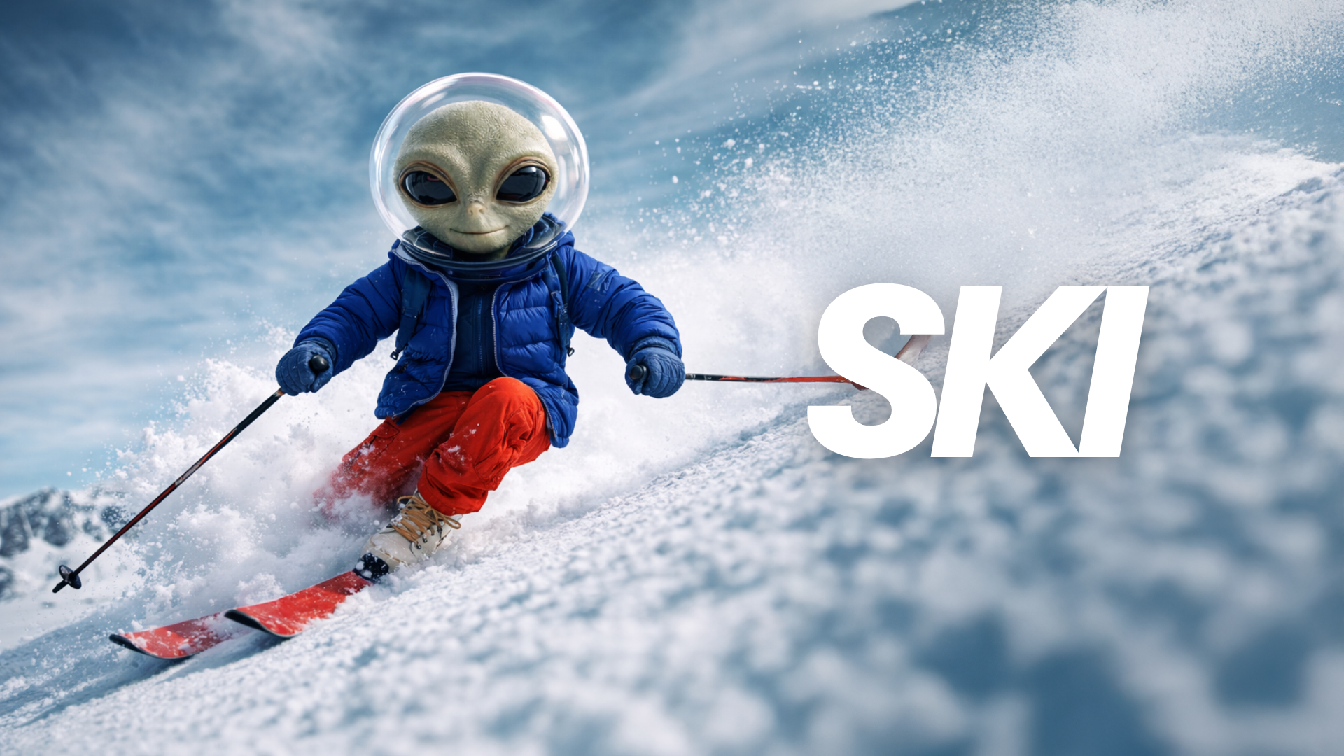 Alien avec casque de ski en train de skier dans la neige, portant un pantalon orange, une veste bleue et un appareil de ski, avec le mot 'SKI' en blanc sur l'image.
