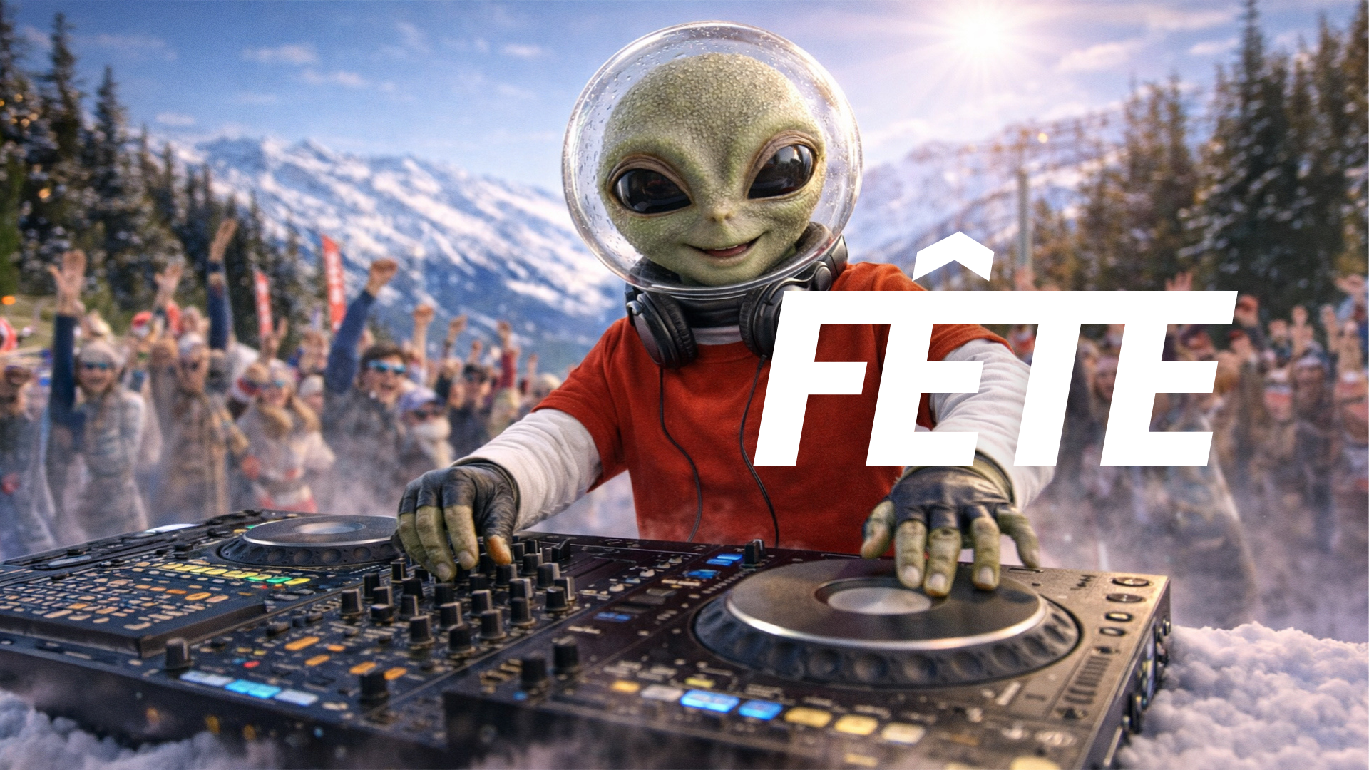 Un extraterrestre en combinaison de DJ, portant un casque dans un paysage enneigé, anime une fête en plein air avec une foule de personnes dans un décor montagneux.