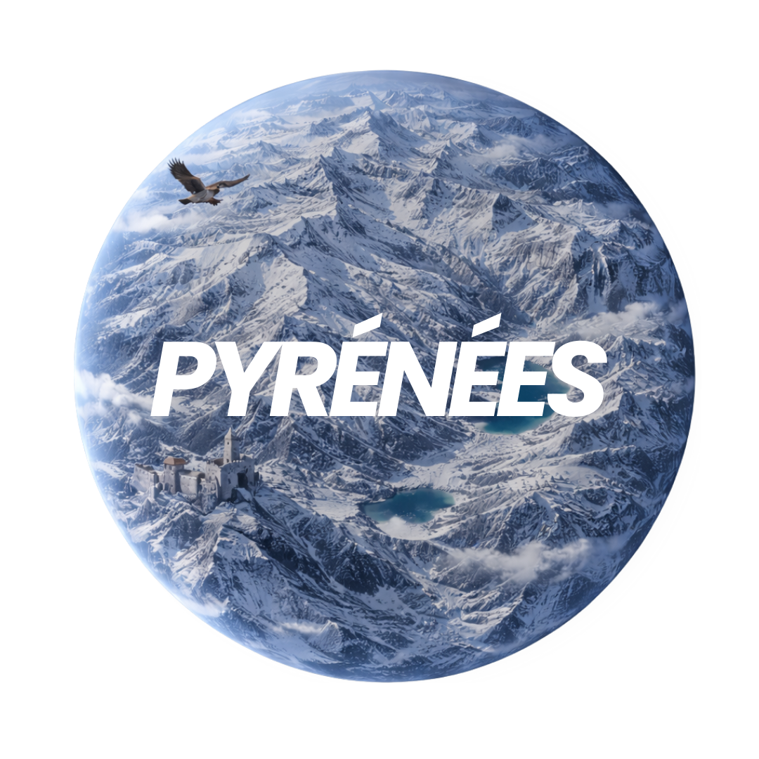 Image d'une montagne enneigée avec un lac, un château, un oiseau en vol et le texte 'PYRÉNÉES'