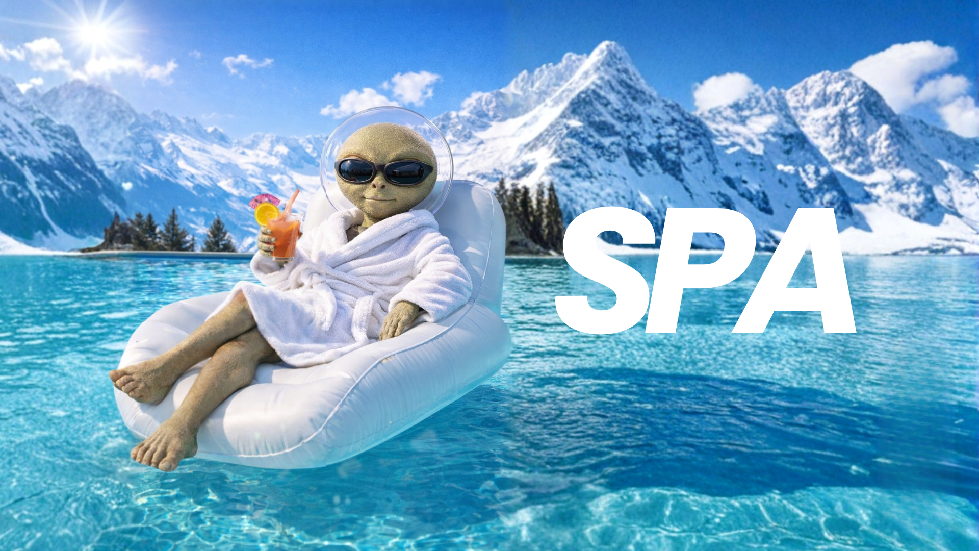 Un extraterrestre portant des lunettes de soleil, allongé sur une bouée dans un lac avec des montagnes enneigées en arrière-plan, tenant un cocktail avec une tranche d'orange et un parasol.