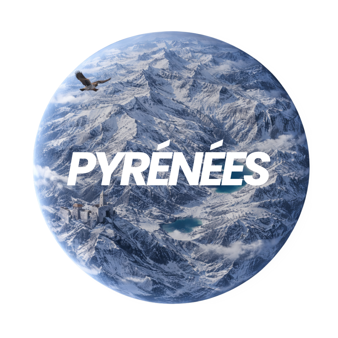 Globe avec montagnes enneigées, lac, château, et un aigle volant, avec le texte "Pyrennées" en blanc.
