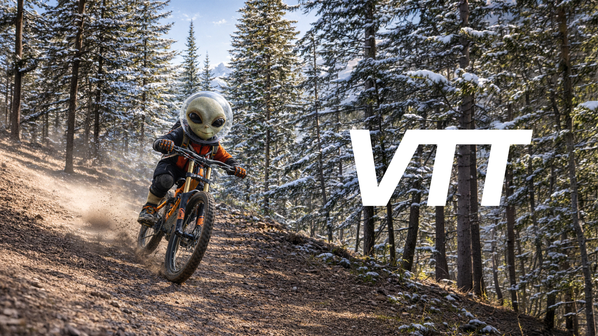Un extraterrestre en costume de cycliste descend une pente dans une forêt enneigée, avec le mot 'VTT' en gros caractères blancs.