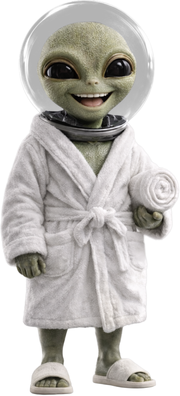 Une créature extraterrestre portant une robe de chambre blanche, des sandales et un casque spatial, tenant une serviette, et souriant avec de grands yeux noirs.