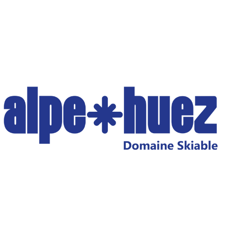 Logo avec le texte 'alpe-huez' en bleu et 'Domaine Skiable' en plus petit en dessous.