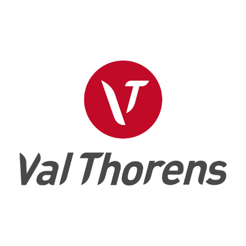 Logo de Val Thorens avec texte en noir et un cercle rouge contenant une lettre 'V' stylisée.