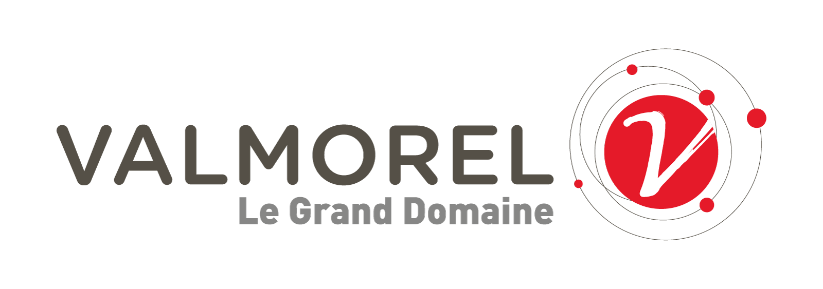 Logo du domaine valmorel avec un cercle rouge contenant une lettre V stylisée blanche et un graphique orbitale autour, avec le texte 'VALMOREL Le Grand Domaine'
