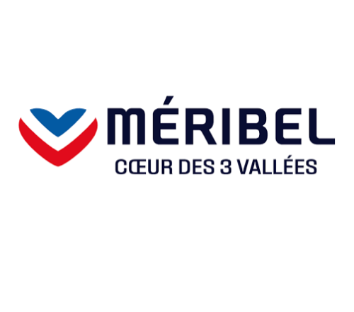 Logo de la commune de Méribel avec un cœur stylisé en bleu et rouge et le texte 'Méribel, Cœur des 3 Vallées'.