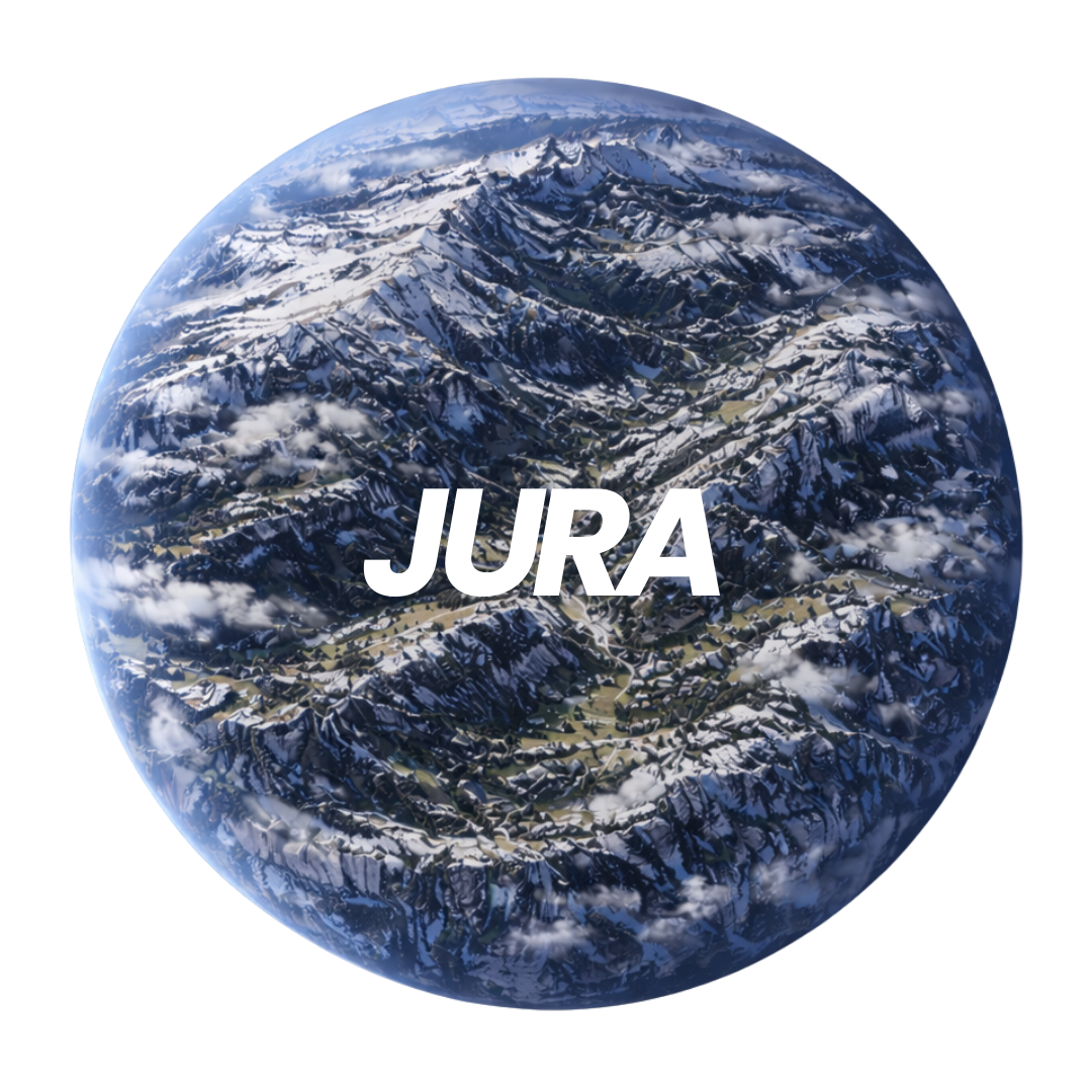 Image d'une vue aérienne montagneuse avec neige et nuages, surmontée du mot 'JURA' en lettres blanches.