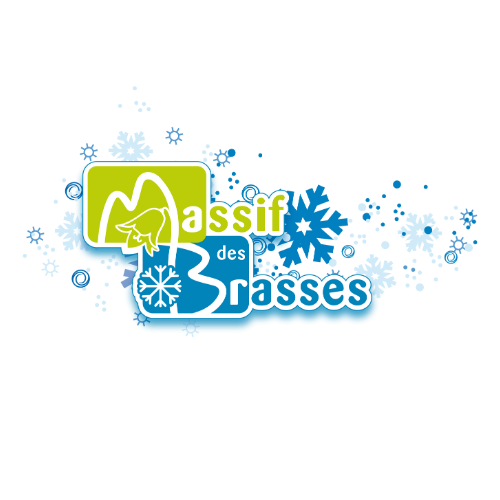 Logo de l'association des Brassses avec une montagne, un sapin, un flocon de neige et une main ouverte en couleurs vert et bleu.