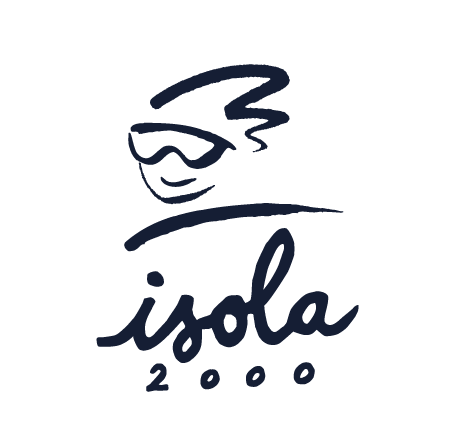 Logo stylisé avec une personne portant des lunettes de plongée et le texte 'isola 2000'