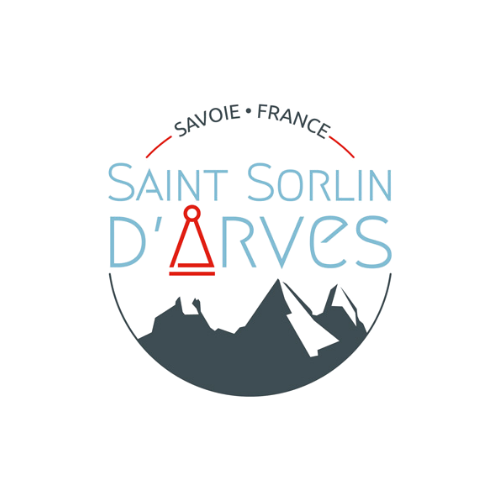Logo représentant Saint Sorlin d'Arves, avec un sommet de montagne stylisé et un point de repère rouge, entouré par le texte 'Savoie - France'.