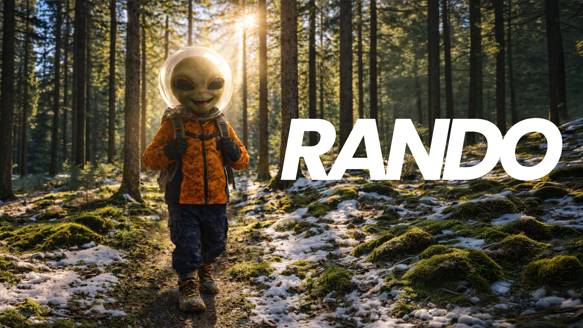 Un enfant avec un casque d'alien marchant dans une forêt enneigée avec des arbres ensoleillés et le mot 'RANDO' écrit en blanc