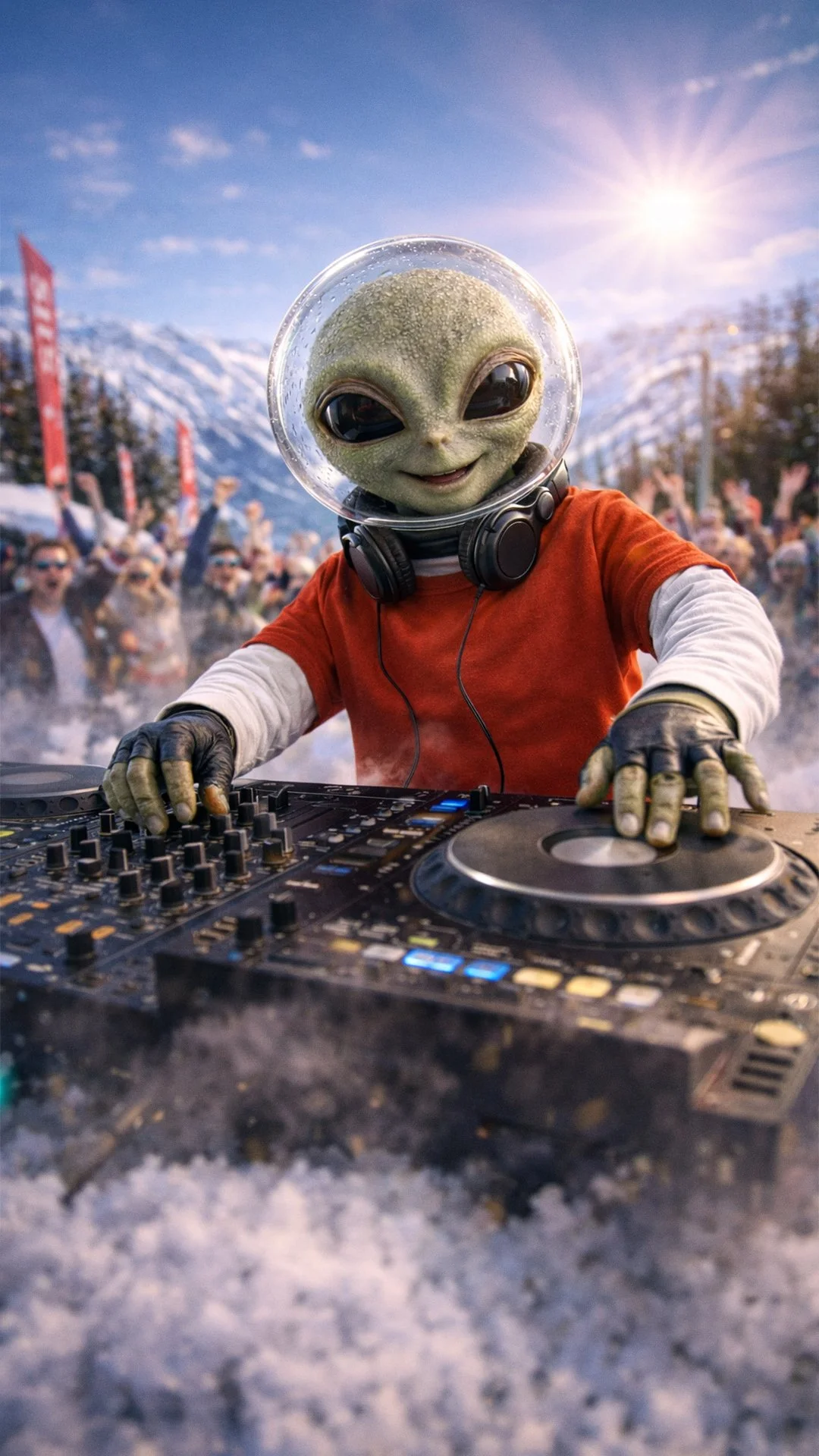 Un alien déguisé en DJ joue de la musique lors d'une fête en plein air, avec des montagnes enneigées en arrière-plan et un grand groupe de personnes qui s'amusent.