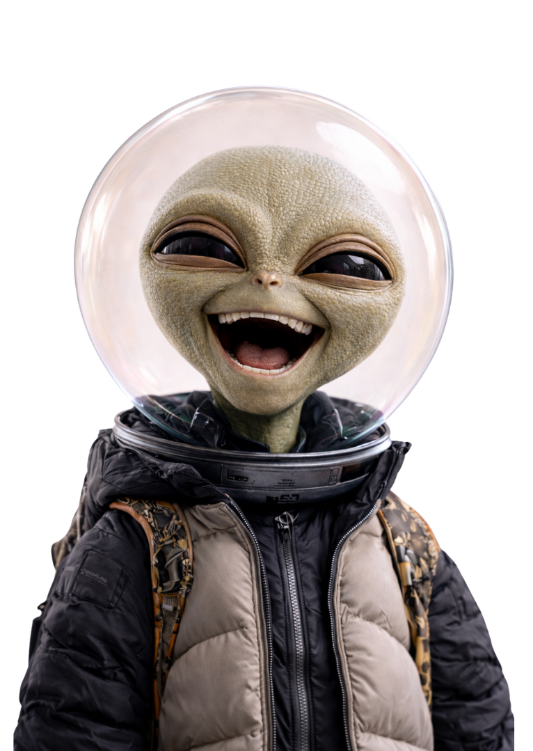 Un extraterrestre souriant portant une combinaison d'explorateur spatial, avec casque transparent.