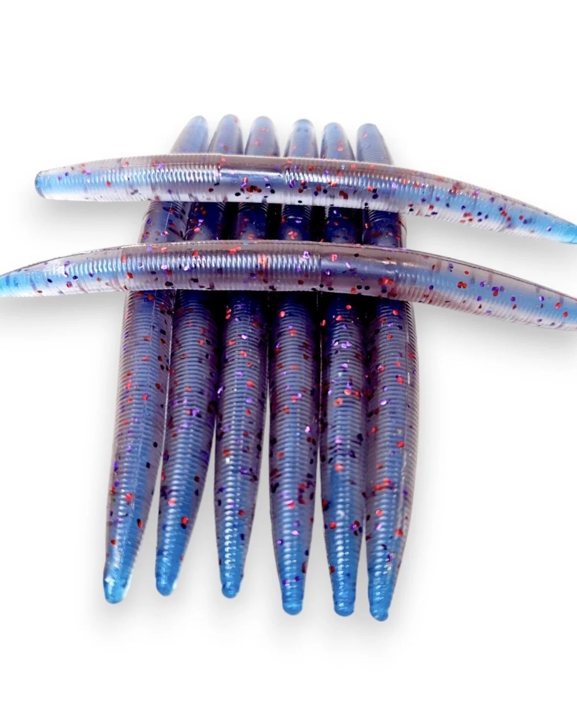 Chaney Creek Custom Baits 5-inch Core Shot Futoi (Senko) Worm soft plastic stick bait Purple translucent outer shell with a bright blue center color. For bass fishing.