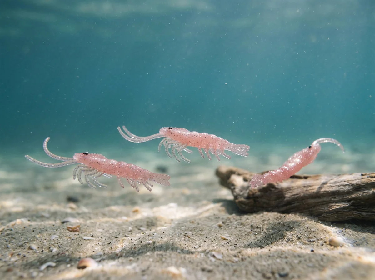 5-inch Creek Prawn soft plastic shrimp fishing lure in pink color with silver holographic flake swimming in the bay