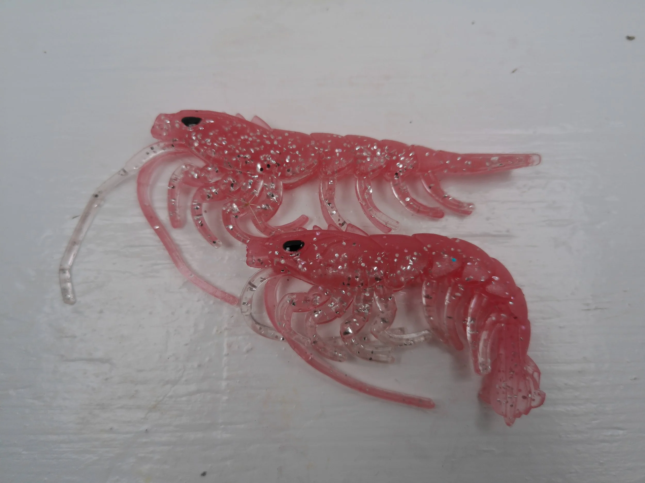 5-inch Creek Prawn soft plastic shrimp fishing lure in pink color with silver holographic flake 2.