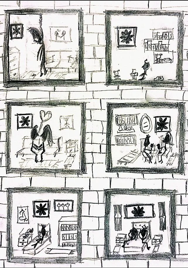 Beş ayrı odanın içlerini gösteren çizim, her odada farklı etkinlikler ve dekorlar bulunuyor.