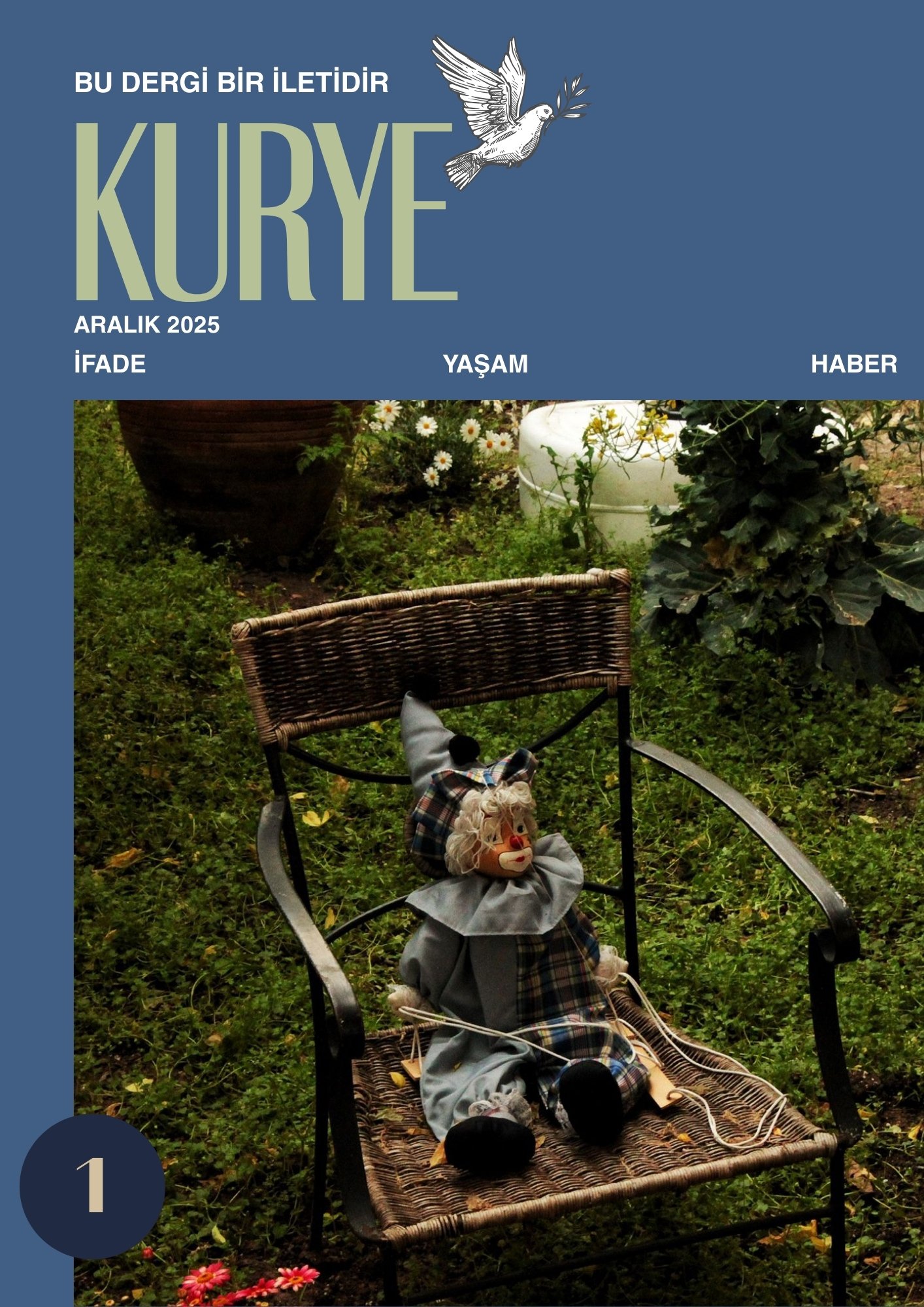 Dergi kapak sayfası, bahçede kanepe üzerinde palyaço kukla ile, yanında çiçekler ve bitkiler var.