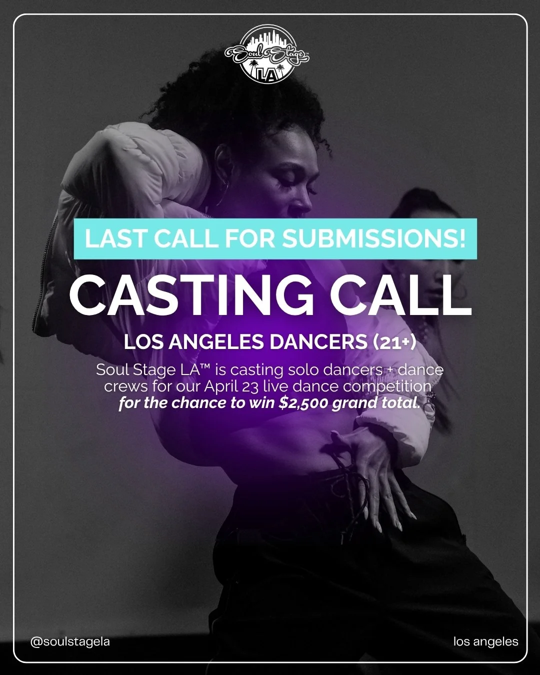 LA DANCERS - THIS IS LAST CALL

Submissions to compete close TONIGHT at 7pm PST. 

We are looking for duos, trios, or crews to come compete on 4/23 for a chance to win a grand total prize of $2,500. 

All participants get paid $500 and the winner tak